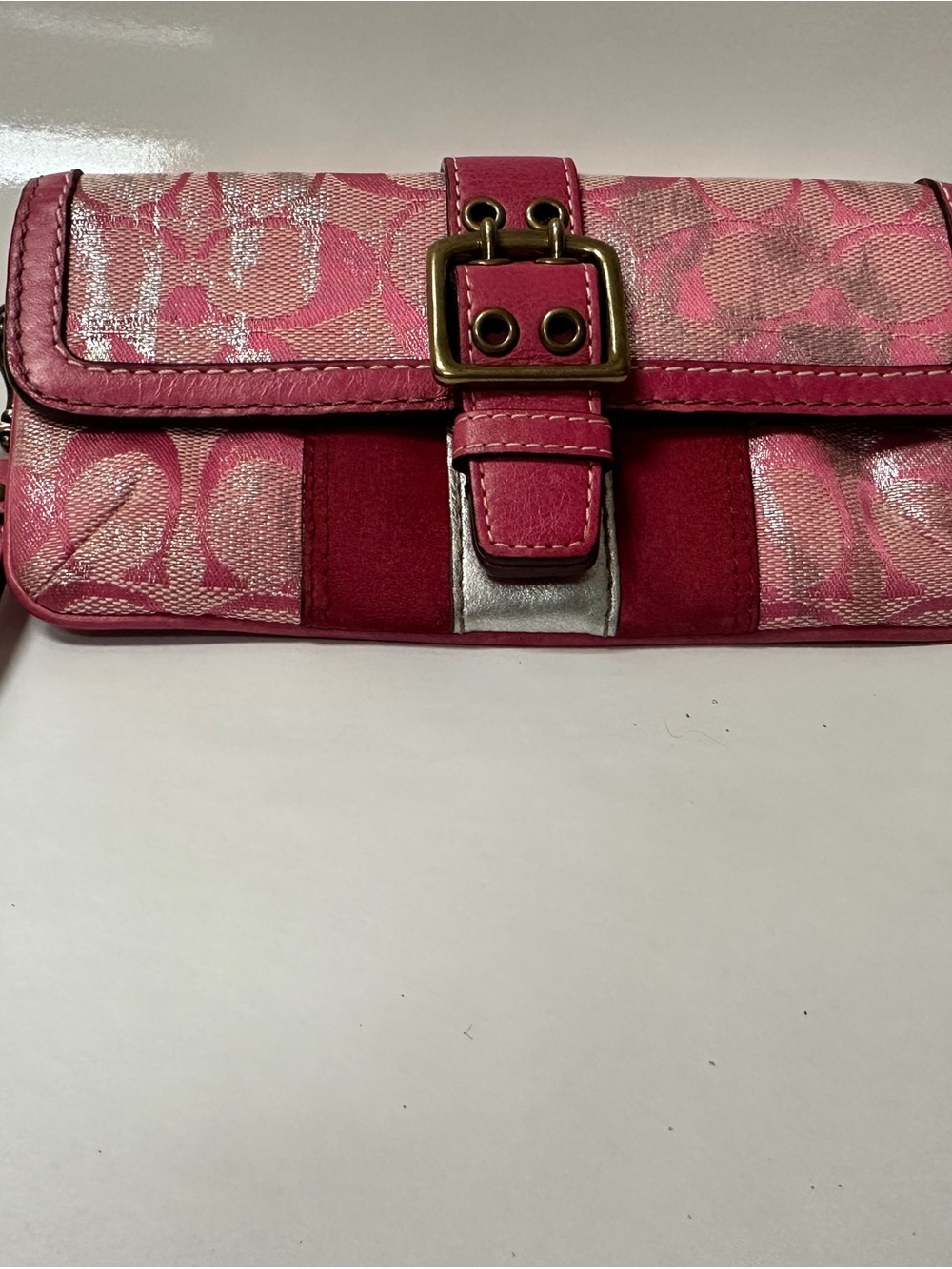 Vintage Coach Y2K Pink Signature Jacquard Buckle Wristlet Wallet Clutch
